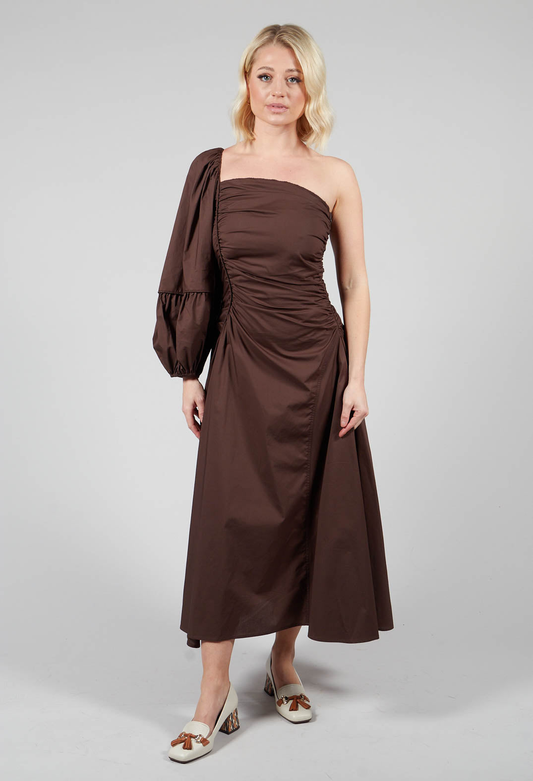 One Shoulder Ruched Dress in Chocolate