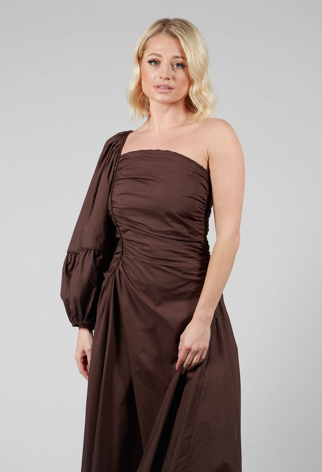 One Shoulder Ruched Dress in Chocolate