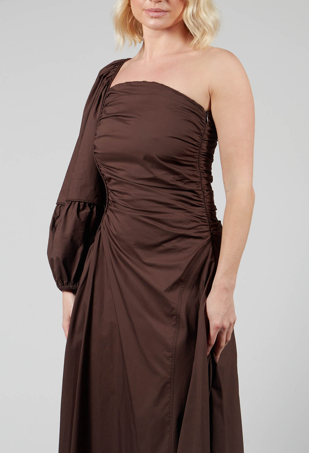 One Shoulder Ruched Dress in Chocolate