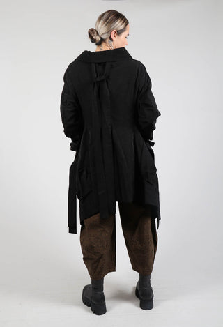 Open Hem Coat with Belt Detail in Black