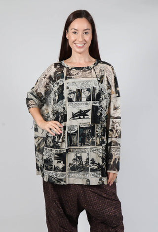 Oversized Long Sleeve Netted Top in Comic Print