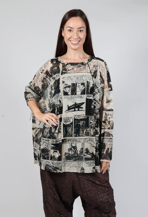 Oversized Long Sleeve Netted Top in Comic Print