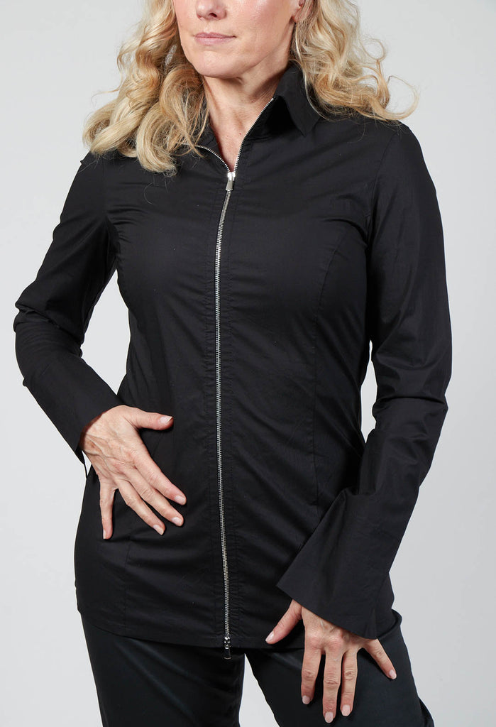 Long Sleeved Blouse with Zip Detail in Black