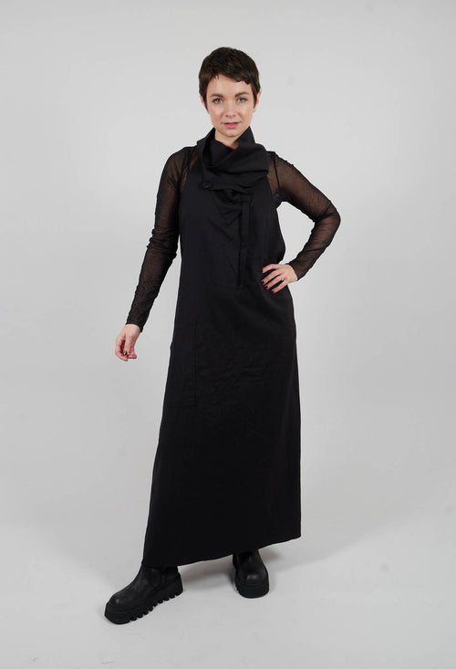 Long Backless Woven Dress with Collar in Black