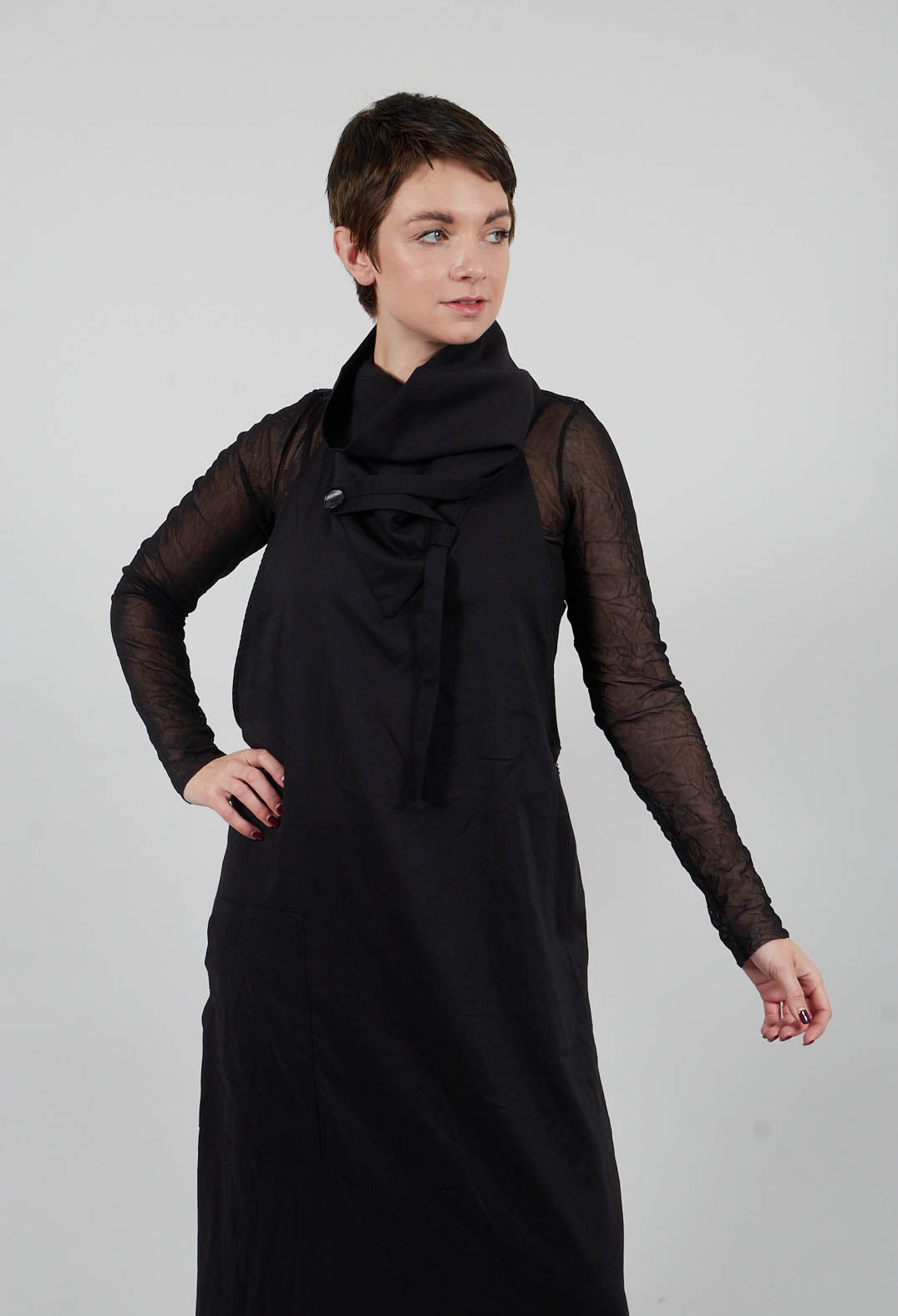 Long Backless Woven Dress with Collar in Black
