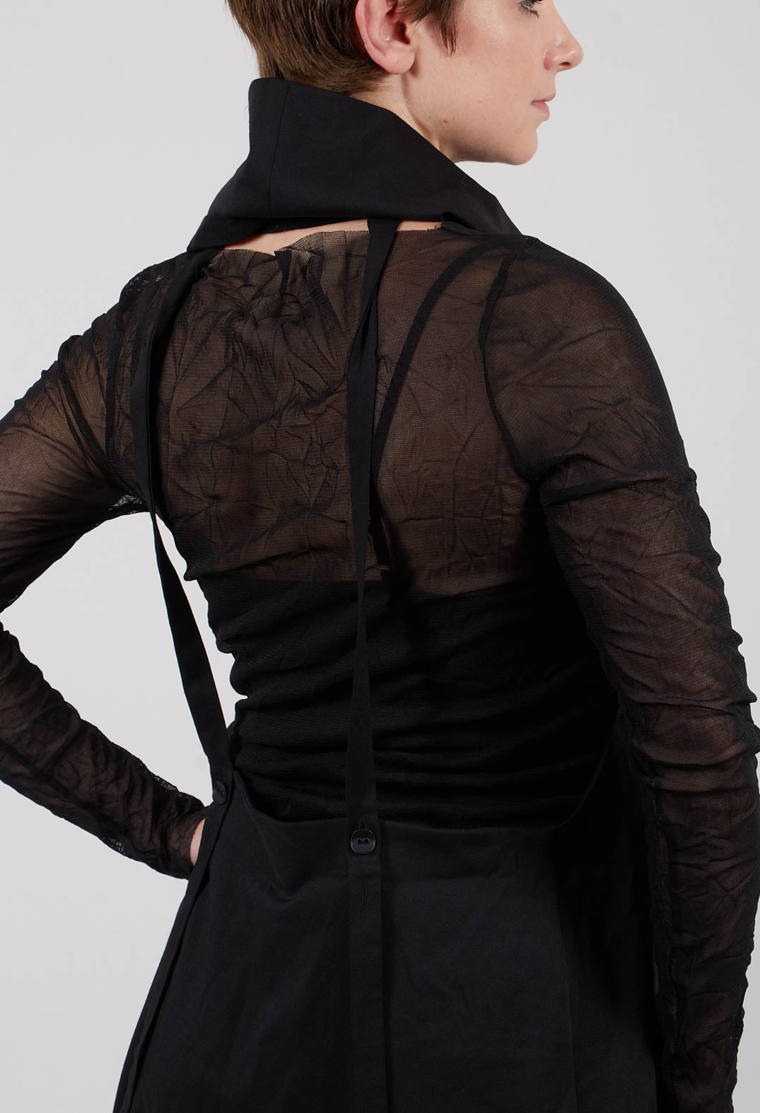 Long Backless Woven Dress with Collar in Black