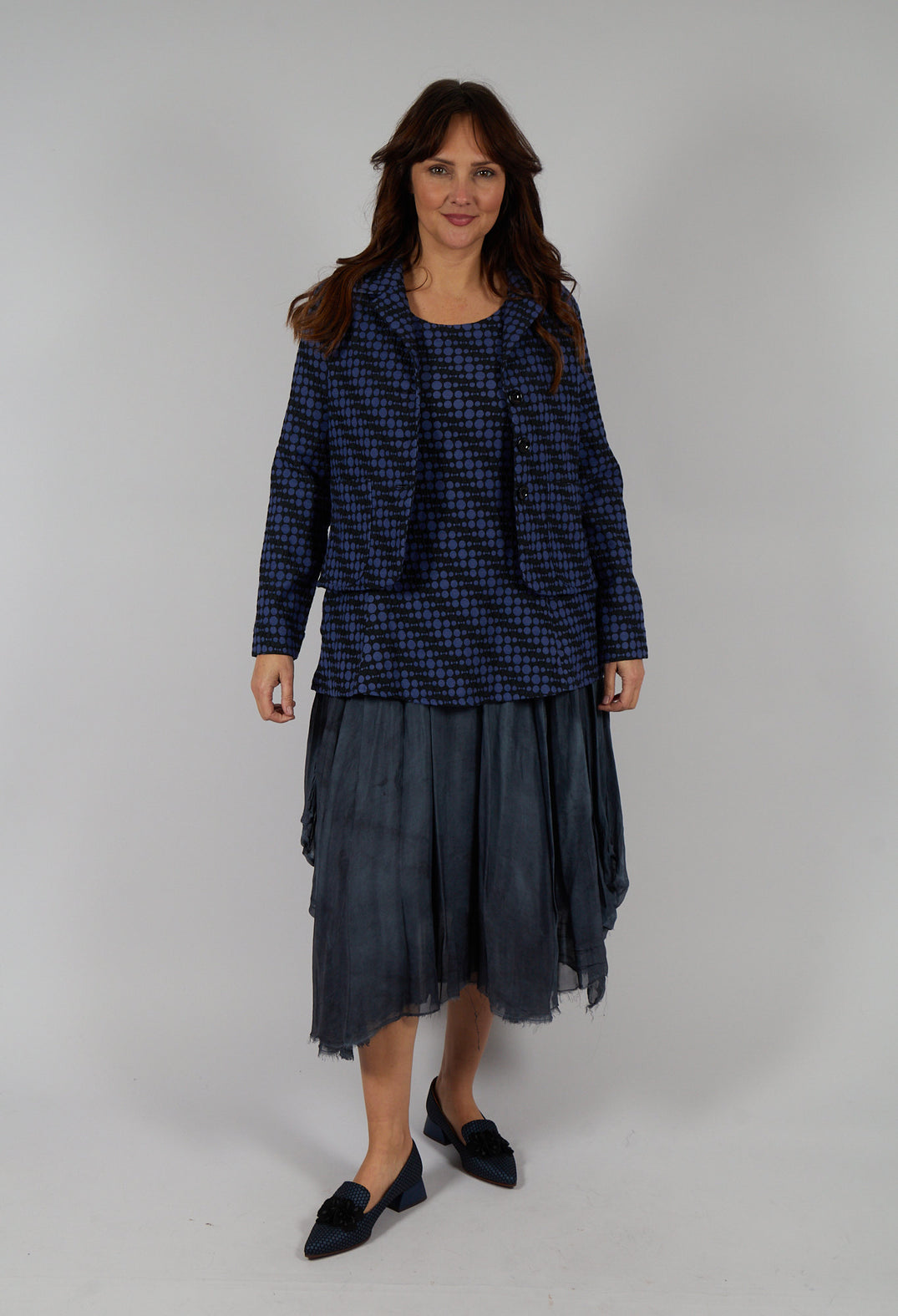 Spotty Jacquard Short Jacket with Button Front in Blueberry