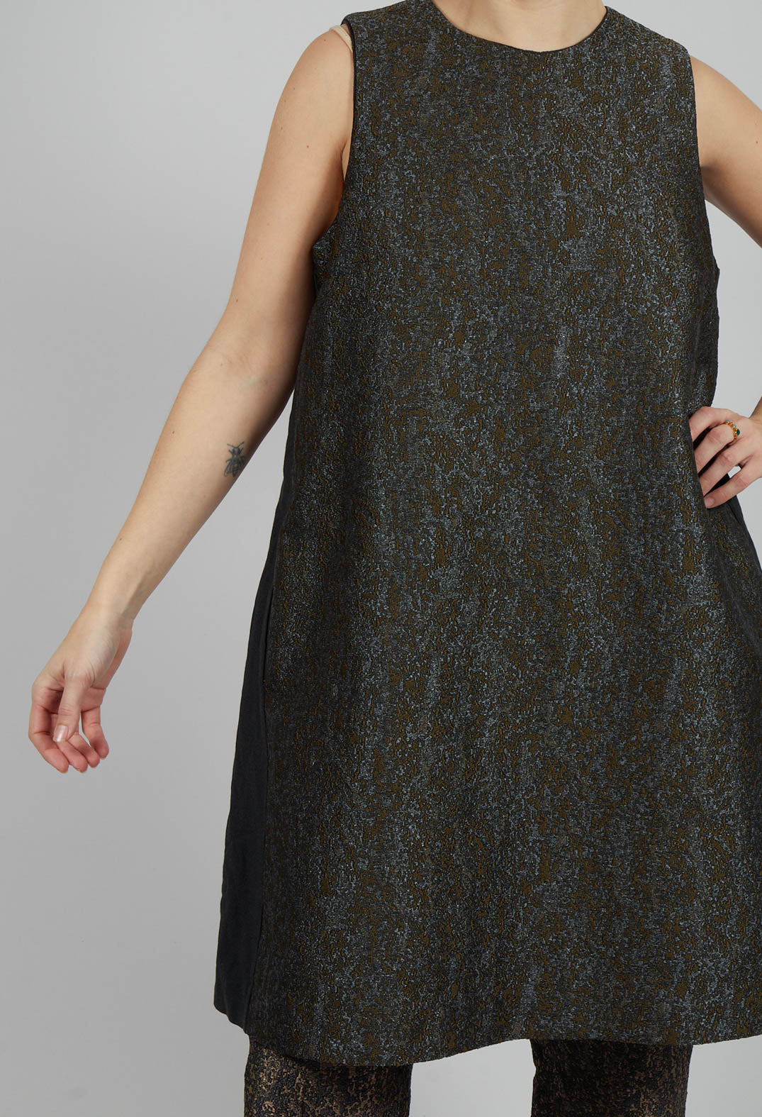 Shift Dress with Textured Front in Moss Green Mix