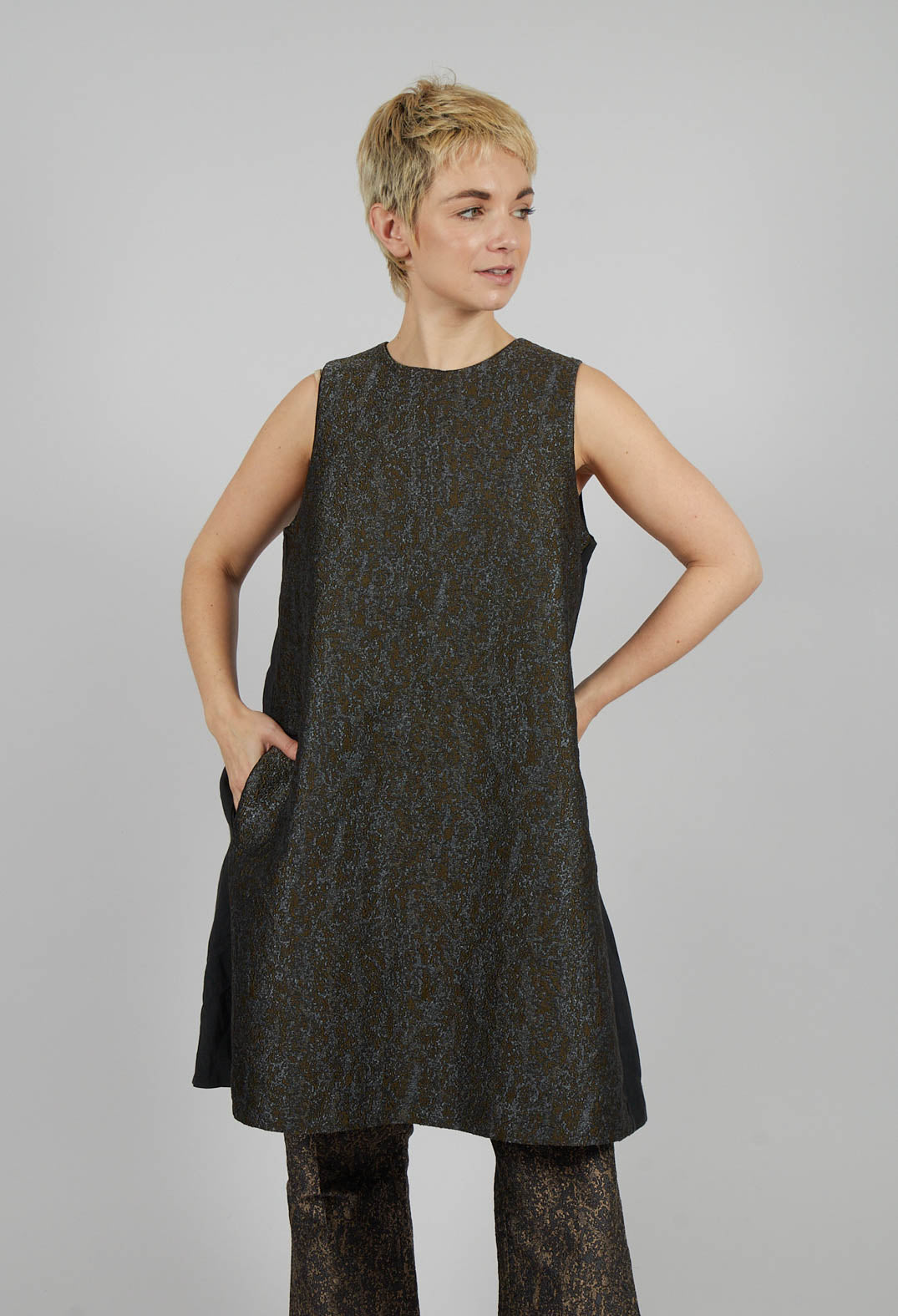 Shift Dress with Textured Front in Moss Green Mix