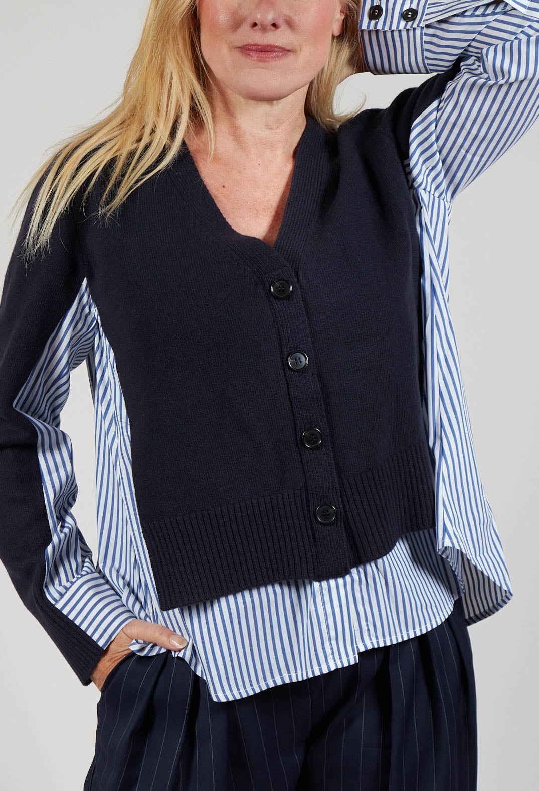 Panelled Stripe Shirt in Dark Navy and Off White