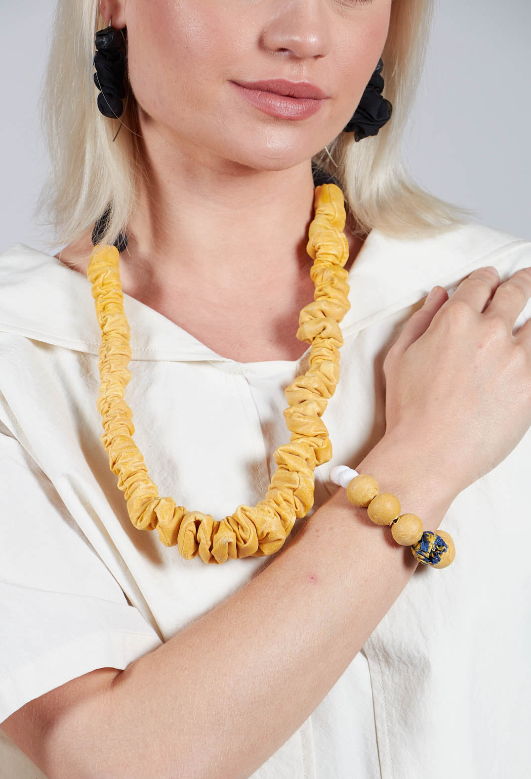 Paper Mache Bracelet with Floral Bead in Yellow