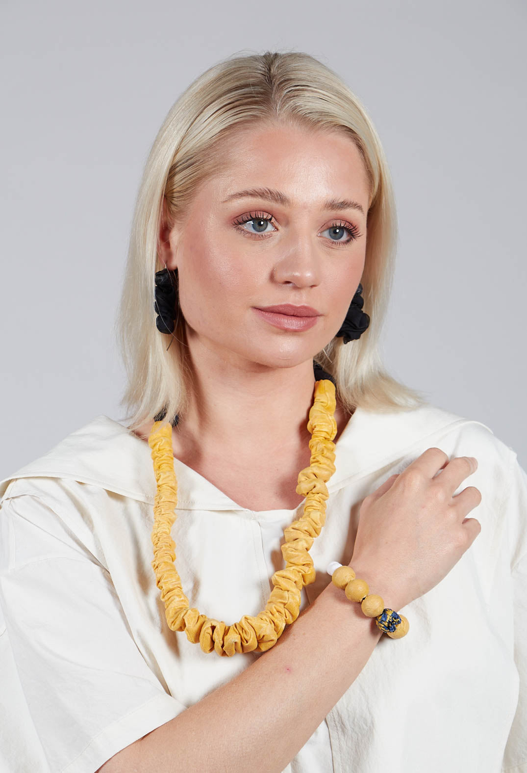 Paper Mache Bracelet with Floral Bead in Yellow