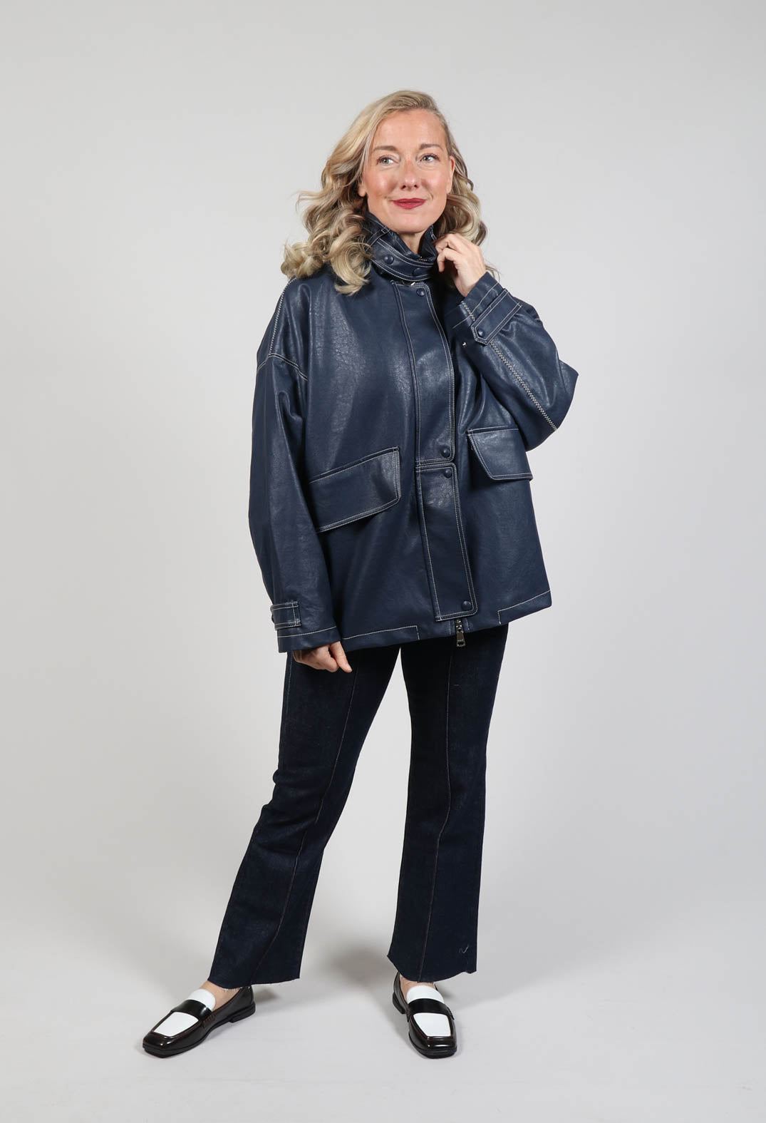 Parka Faux Leather Jacket in Blue Notte