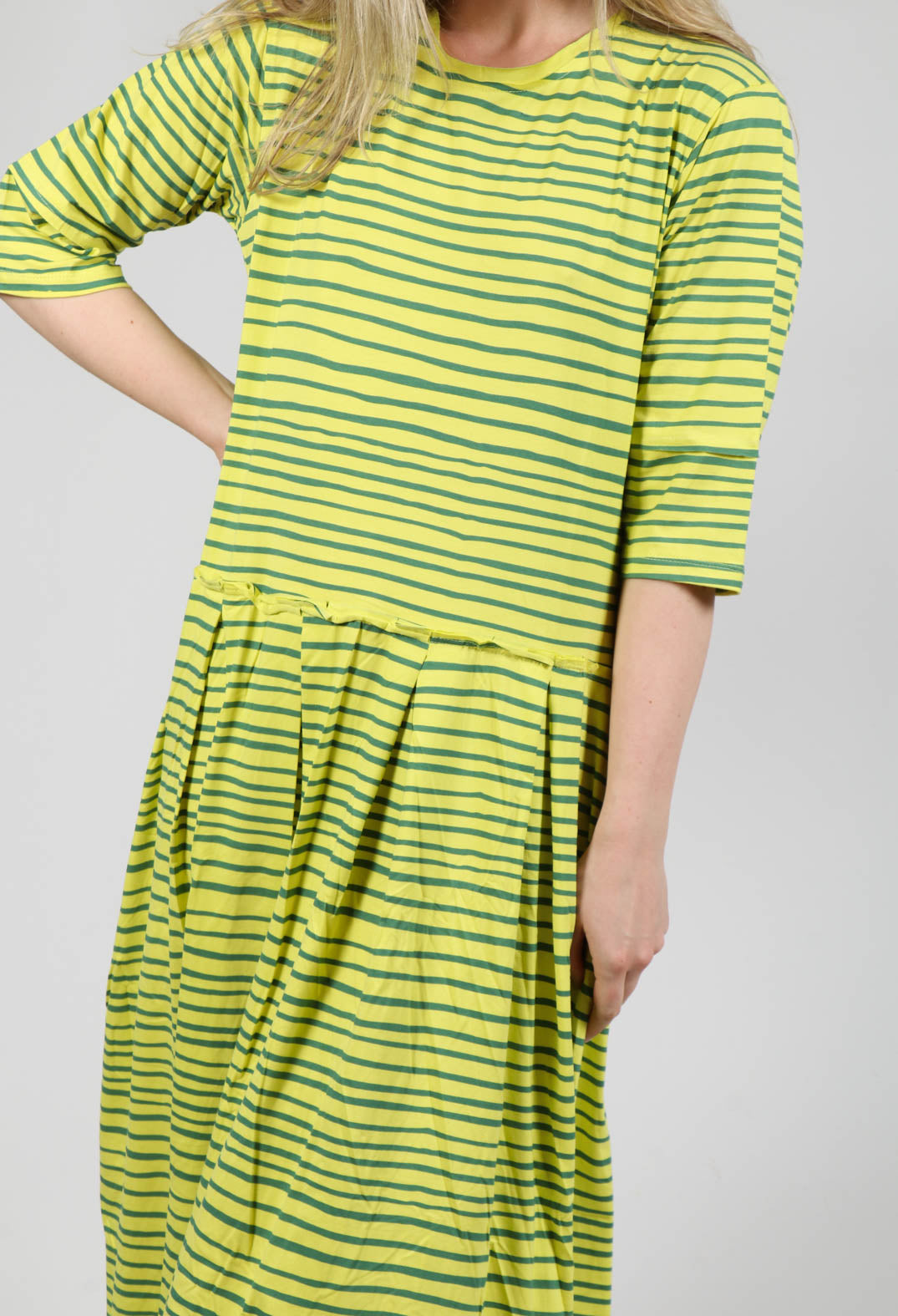 Pleated Dress in Lime with Green Lines