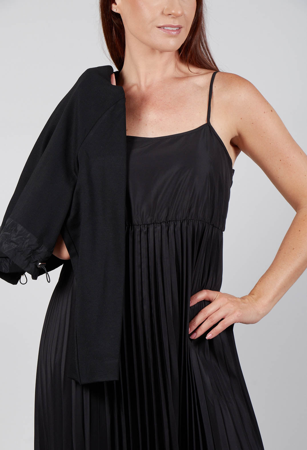 Pleated Dress with Overlay Top in Nero
