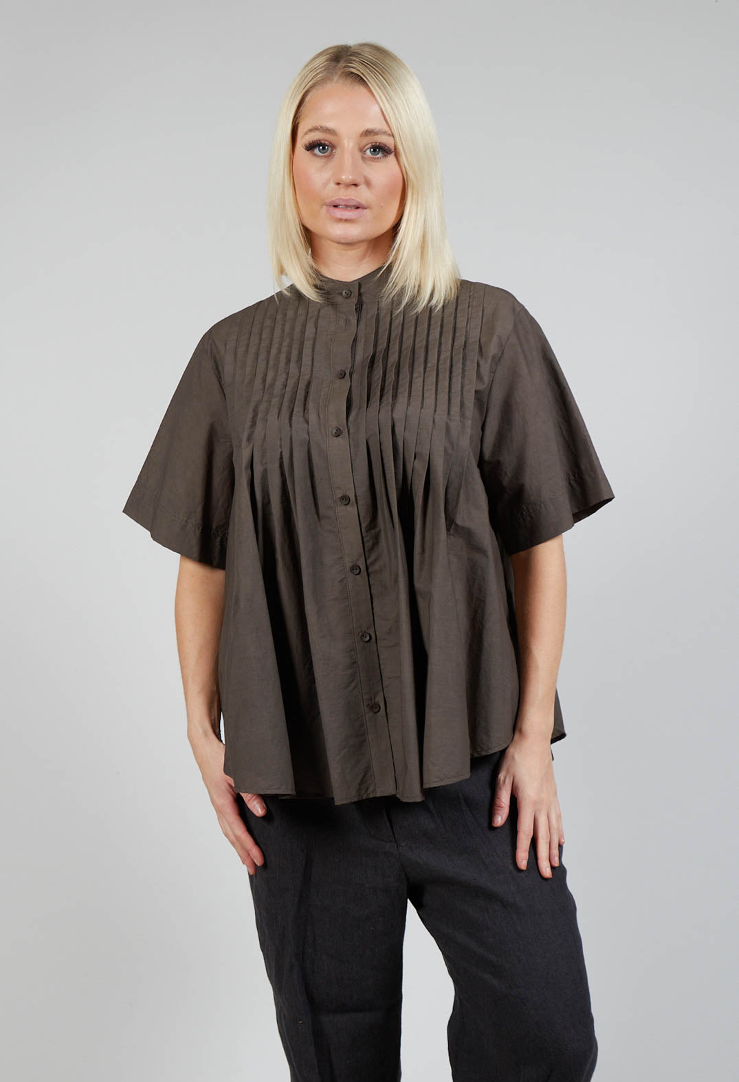 Pleated Front Blouse in Grey Brown