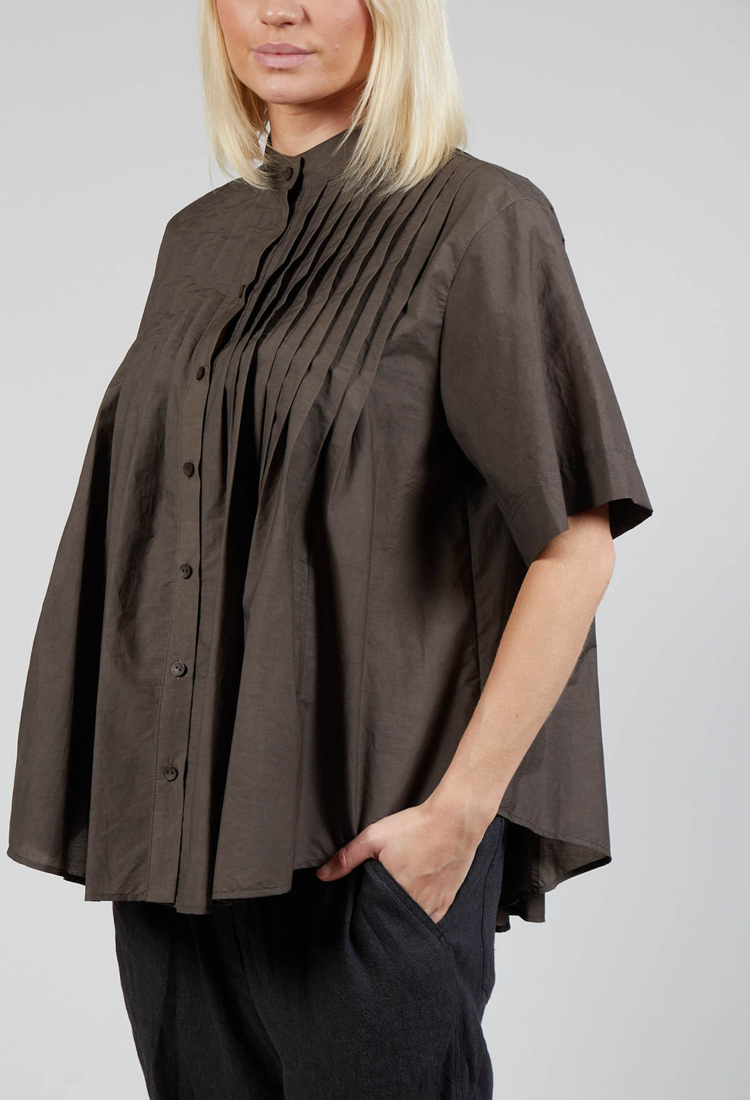 Pleated Front Blouse in Grey Brown