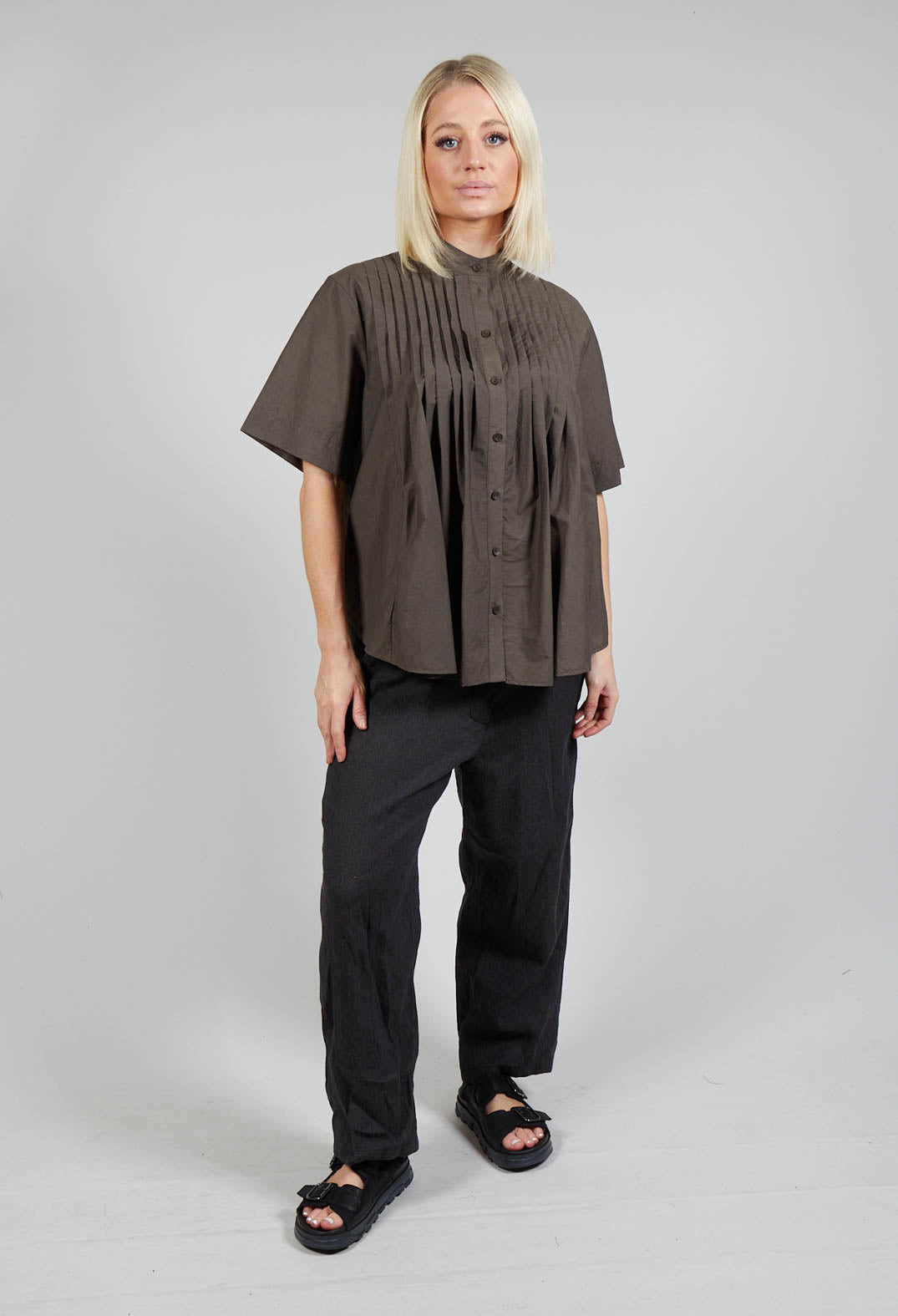 Pleated Front Blouse in Grey Brown