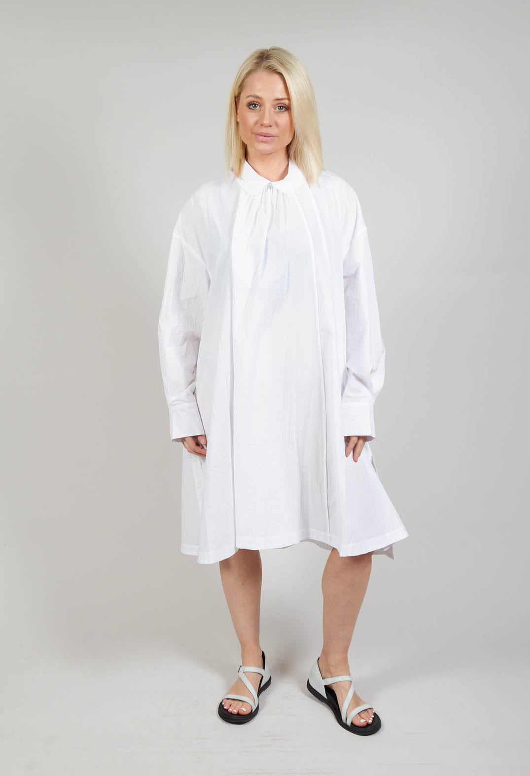 Pleated Neckline Shirt Dress in White