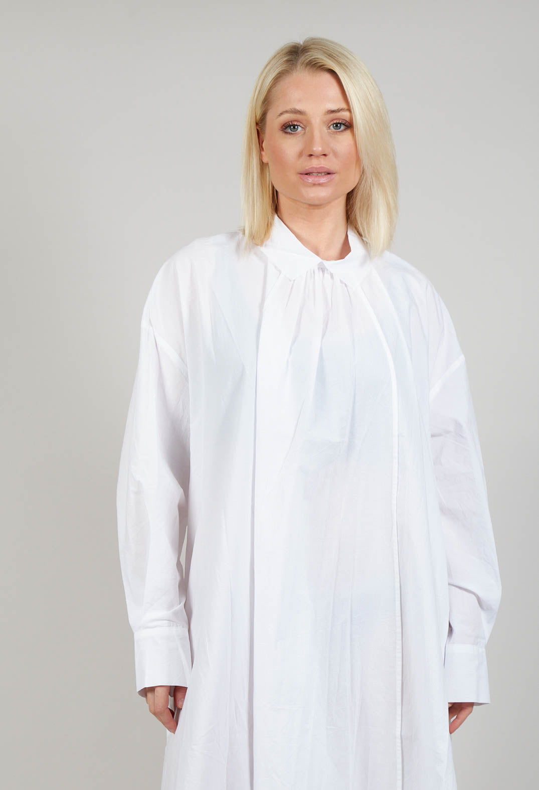 Pleated Neckline Shirt Dress in White