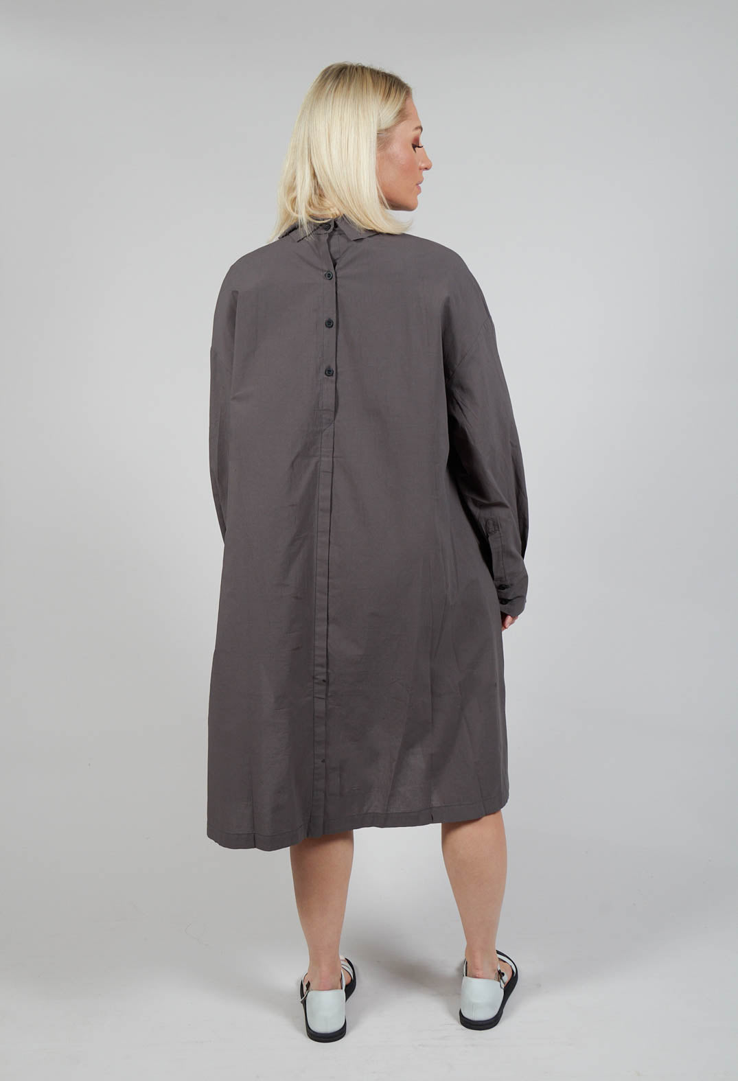 Pleated Neckline Shirt Dress in Grey