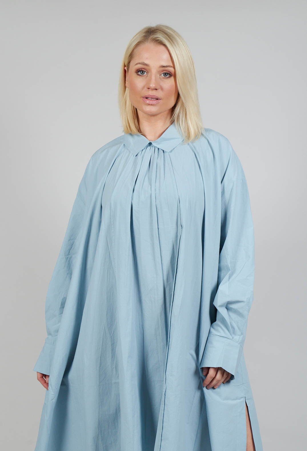 Pleated Neckline Shirt Dress in Blue