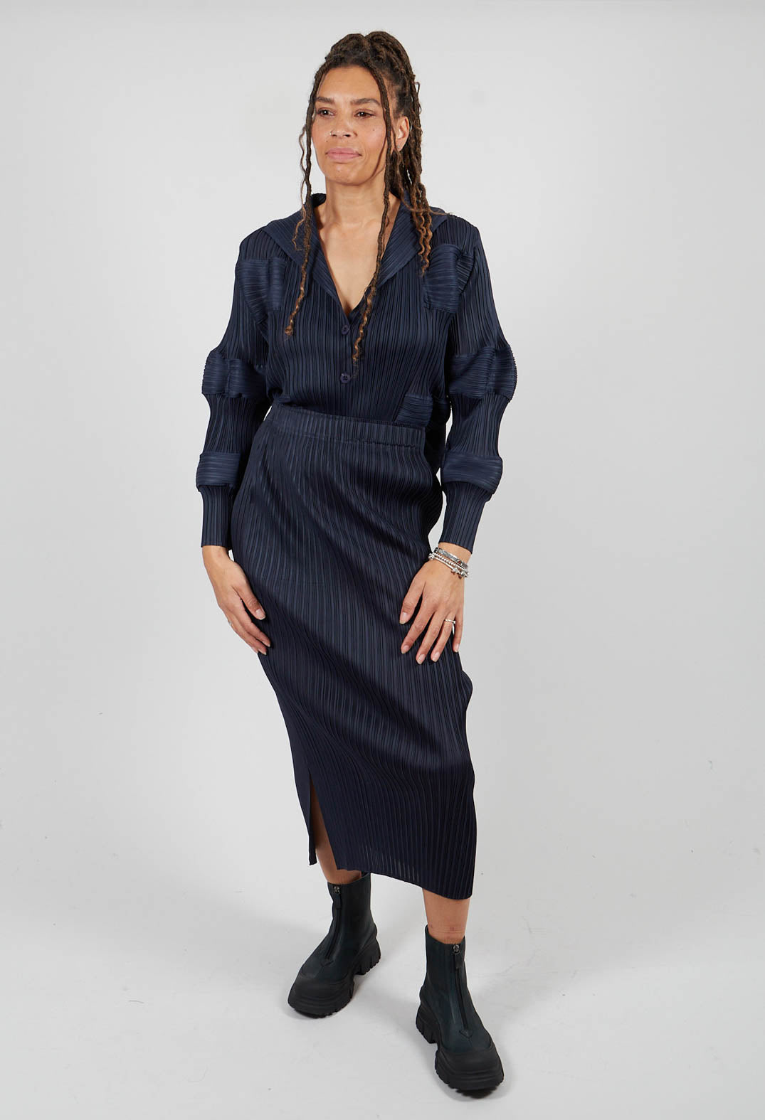 Plisse Pencil Skirt in Blue Nights
