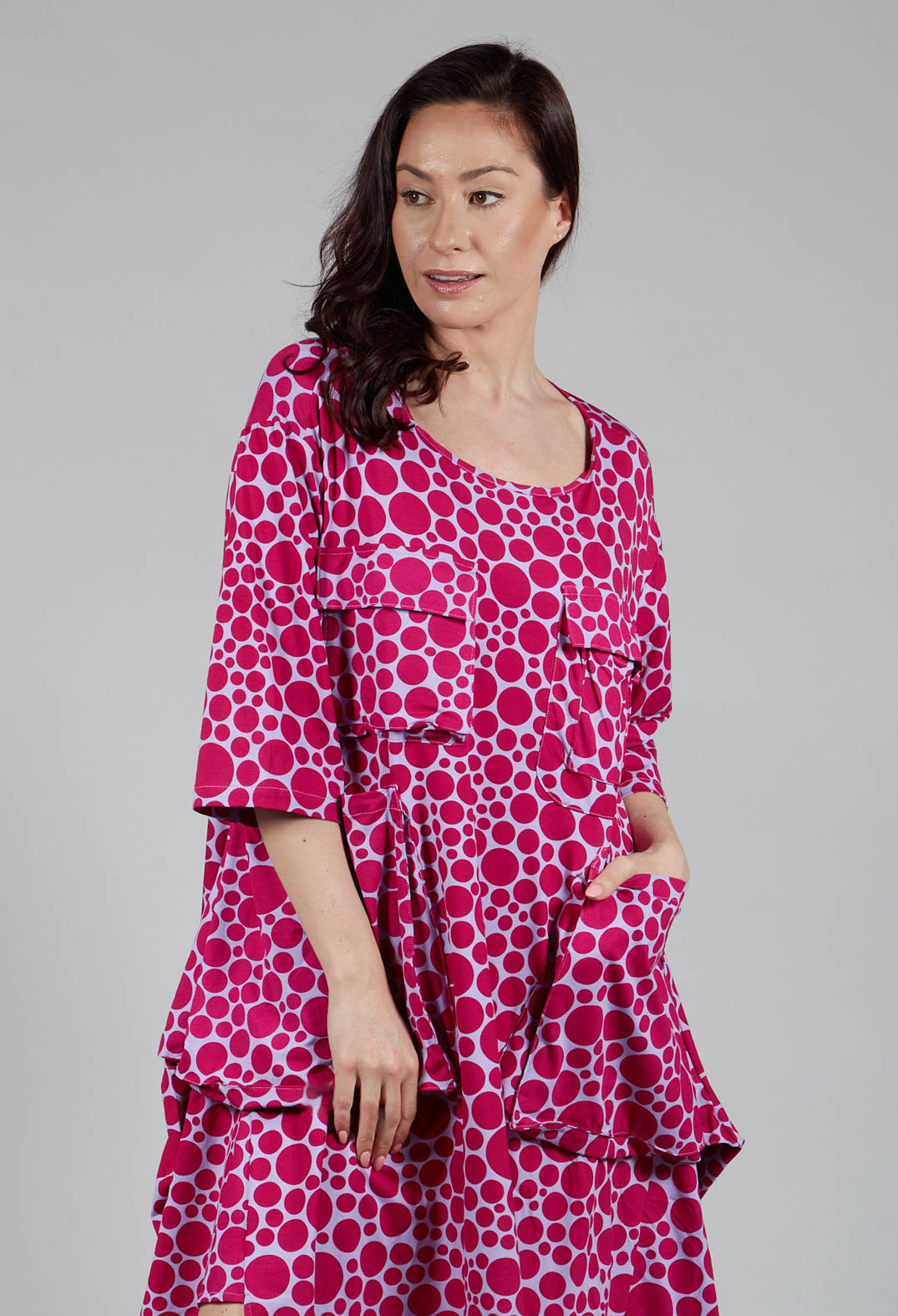Pocket Dress in White with Lilac with Fuschia Pois