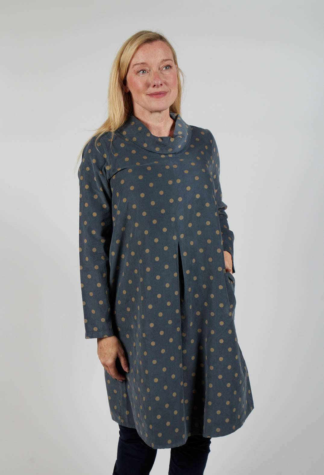Polkadot Needlecord Cowl Neck Dress in Anthracite