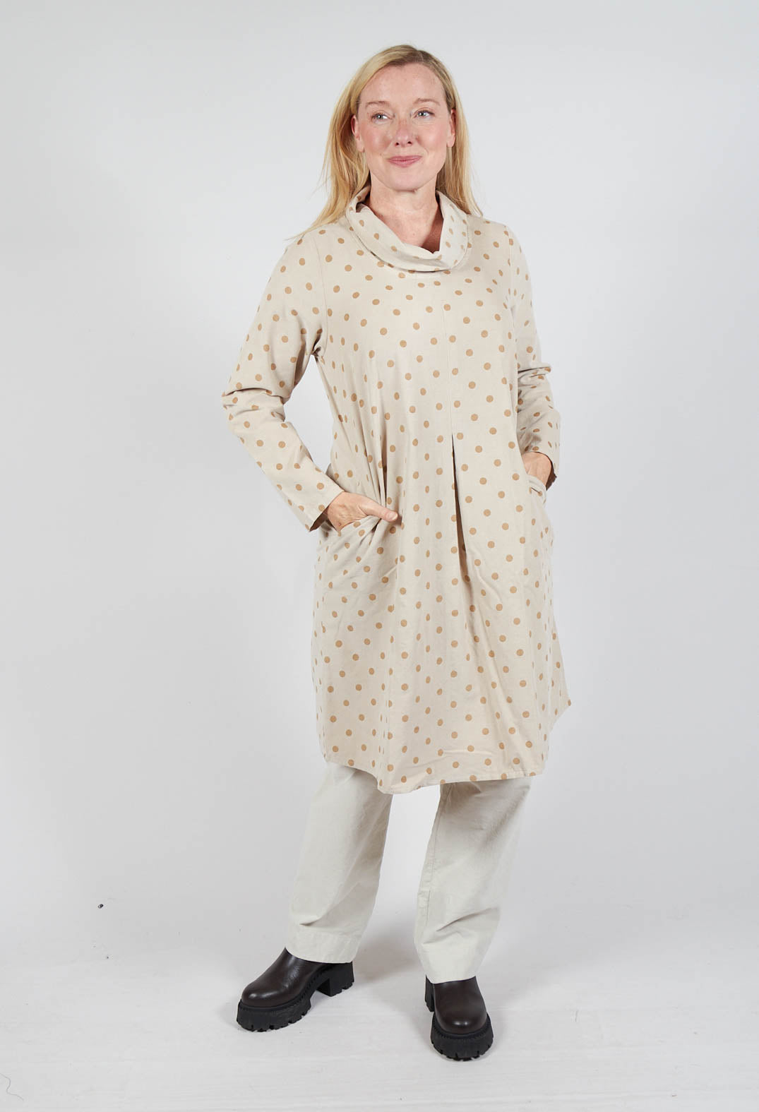 Polkadot Needlecord Cowl Neck Dress in Sahara