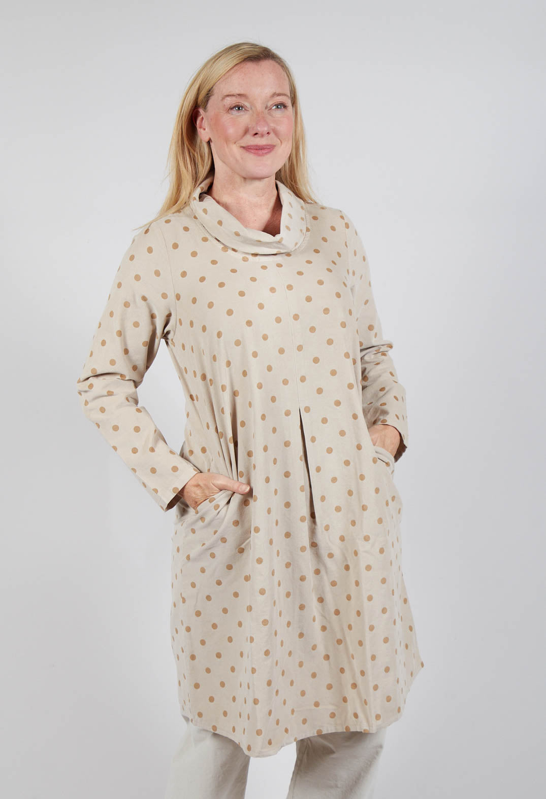 Polkadot Needlecord Cowl Neck Dress in Sahara