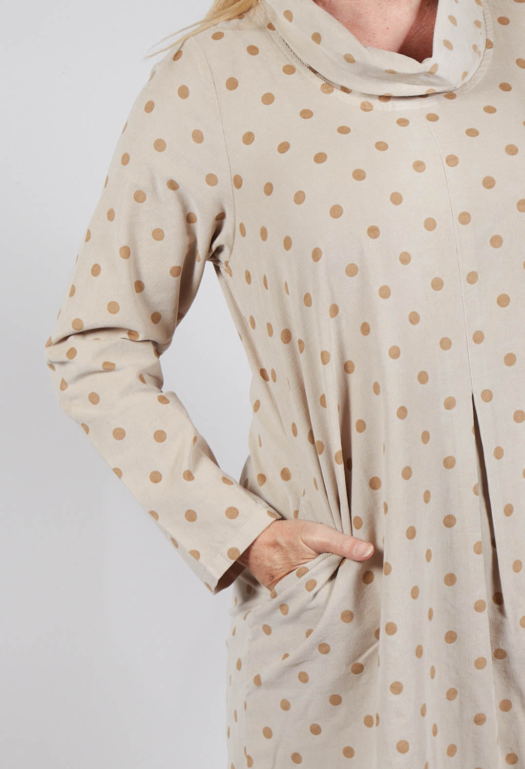 Polkadot Needlecord Cowl Neck Dress in Sahara