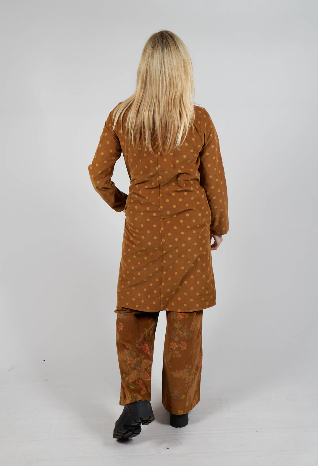 Polkadot Needlecord Cowl Neck Dress in Tabacco