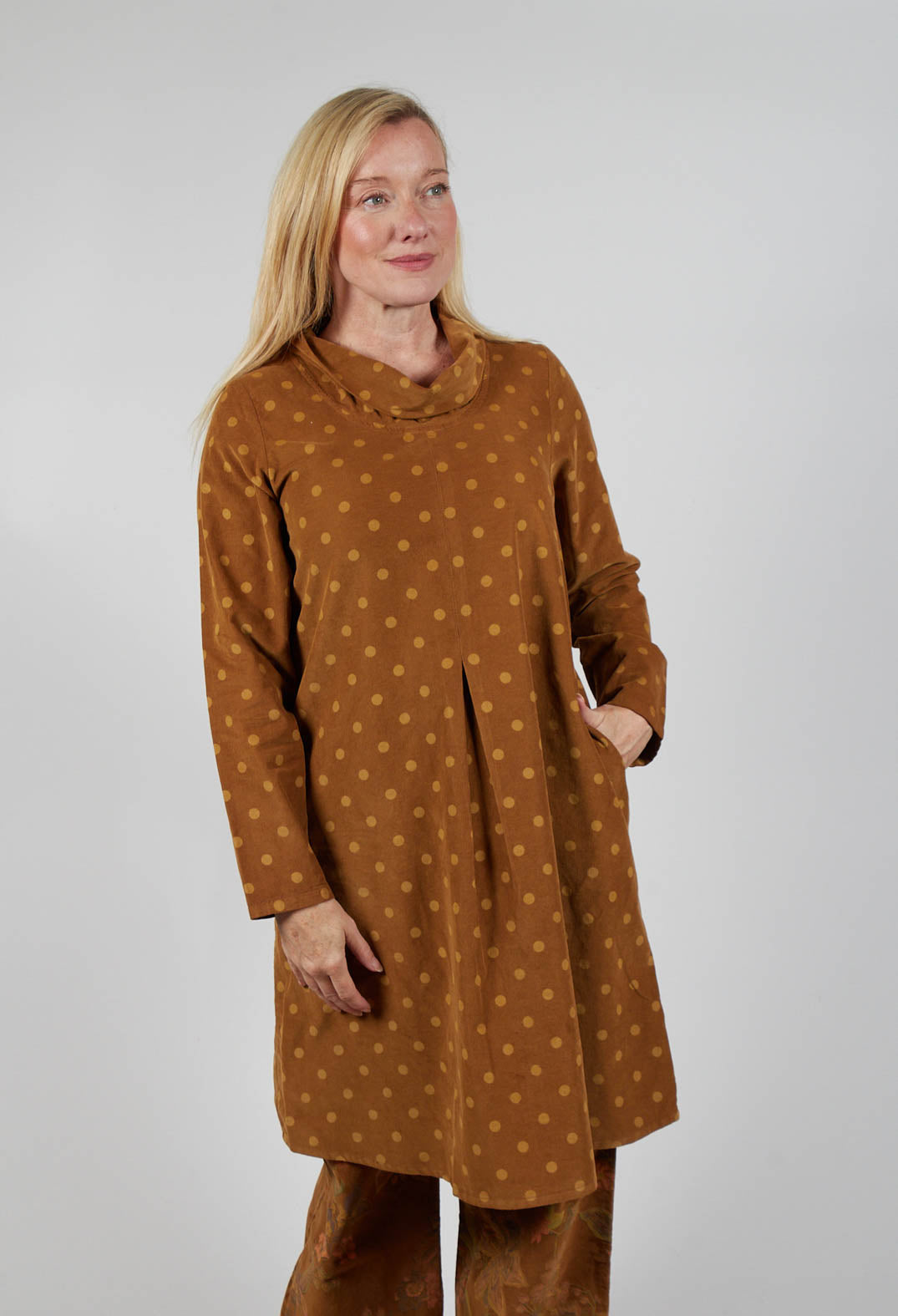Polkadot Needlecord Cowl Neck Dress in Tabacco