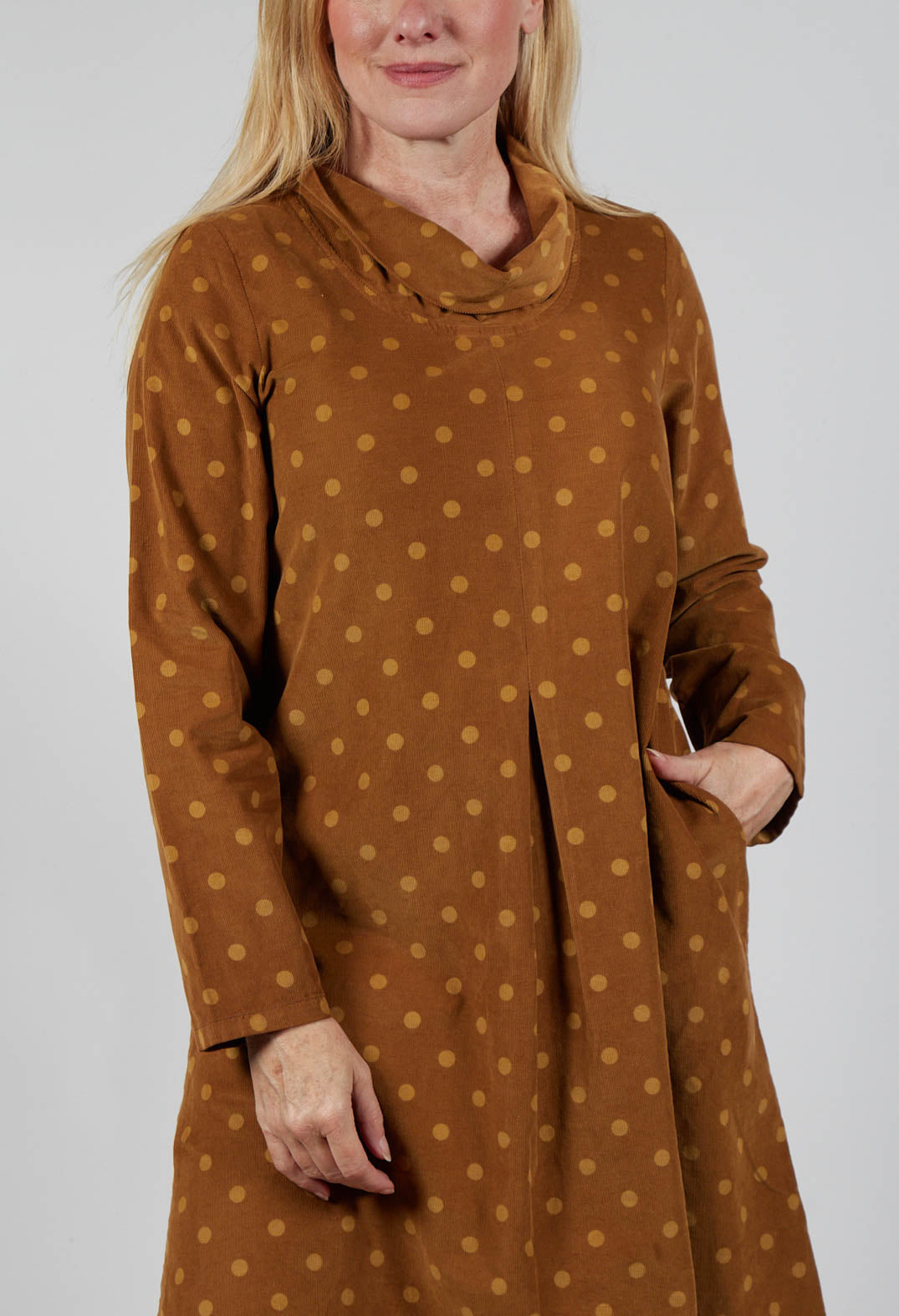 Polkadot Needlecord Cowl Neck Dress in Tabacco