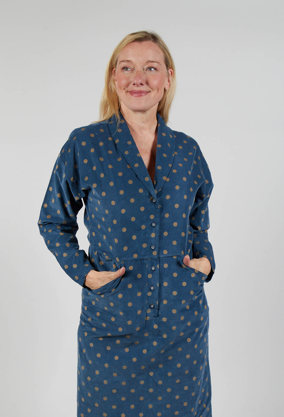 Polkadot Needlecord Open Collar Shirt Dress in Navy