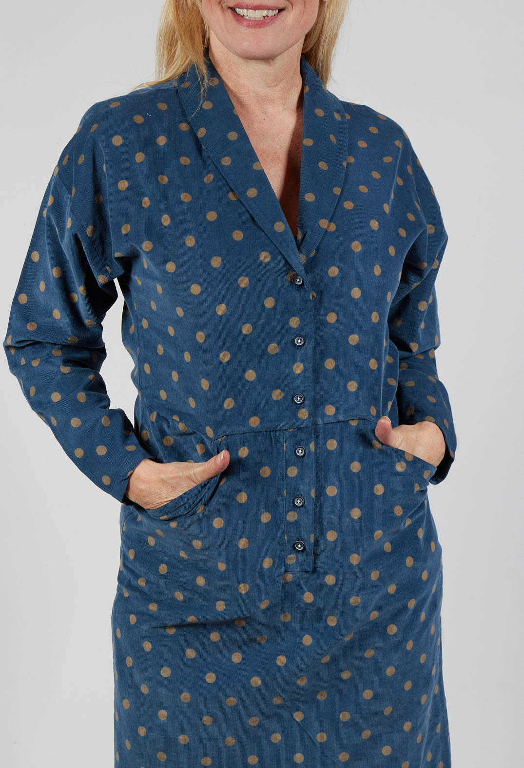 Polkadot Needlecord Open Collar Shirt Dress in Navy