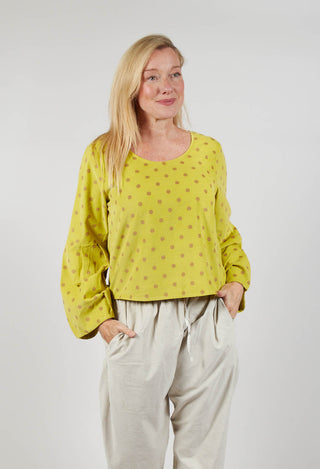Polkadot Needlecord Puffed Sleeve Top in Acid Green