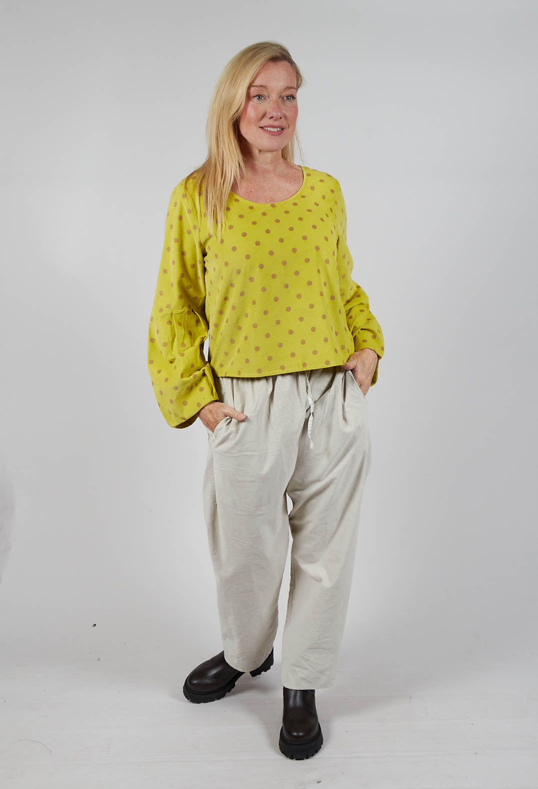 Polkadot Needlecord Puffed Sleeve Top in Acid Green