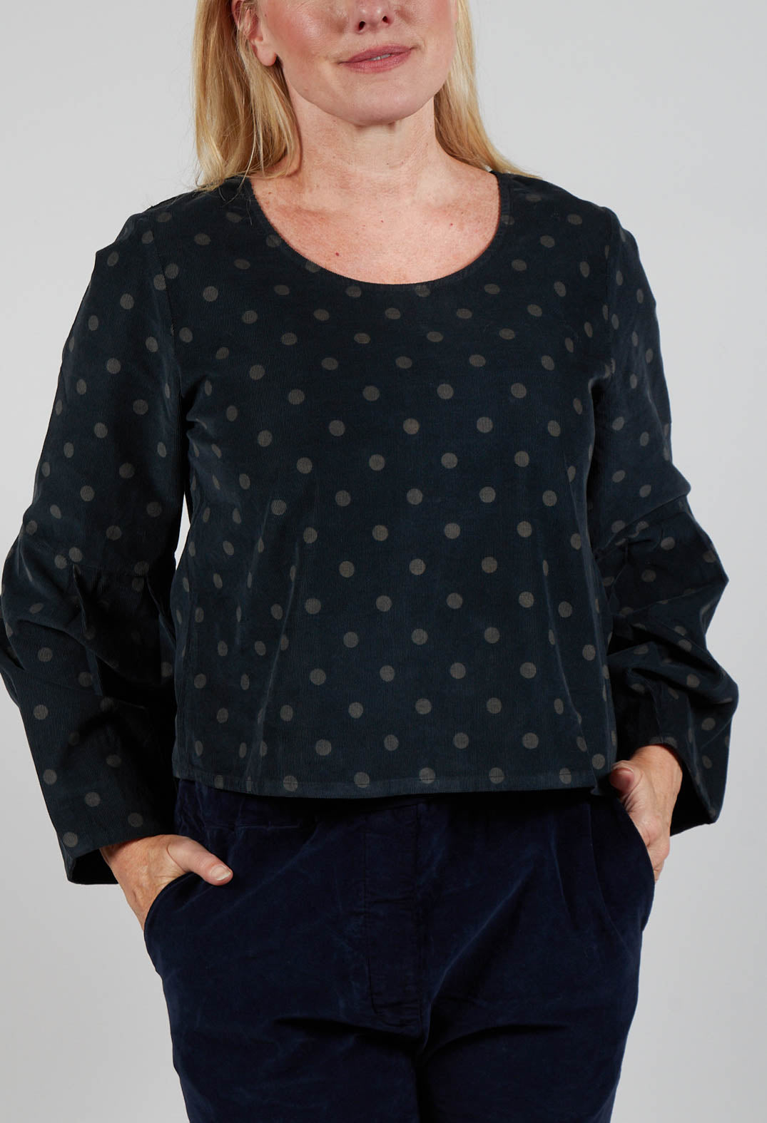 Polkadot Needlecord Puffed Sleeve Top in Black