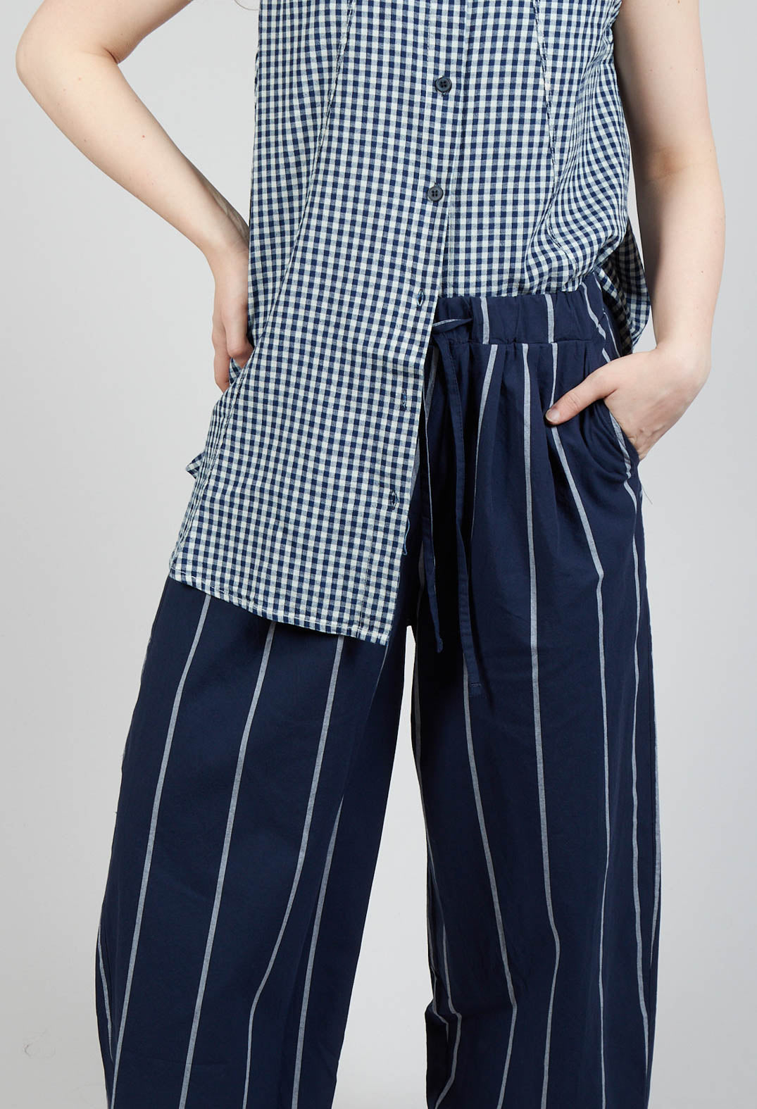 Pull String Waist Trousers in Indigo Striped