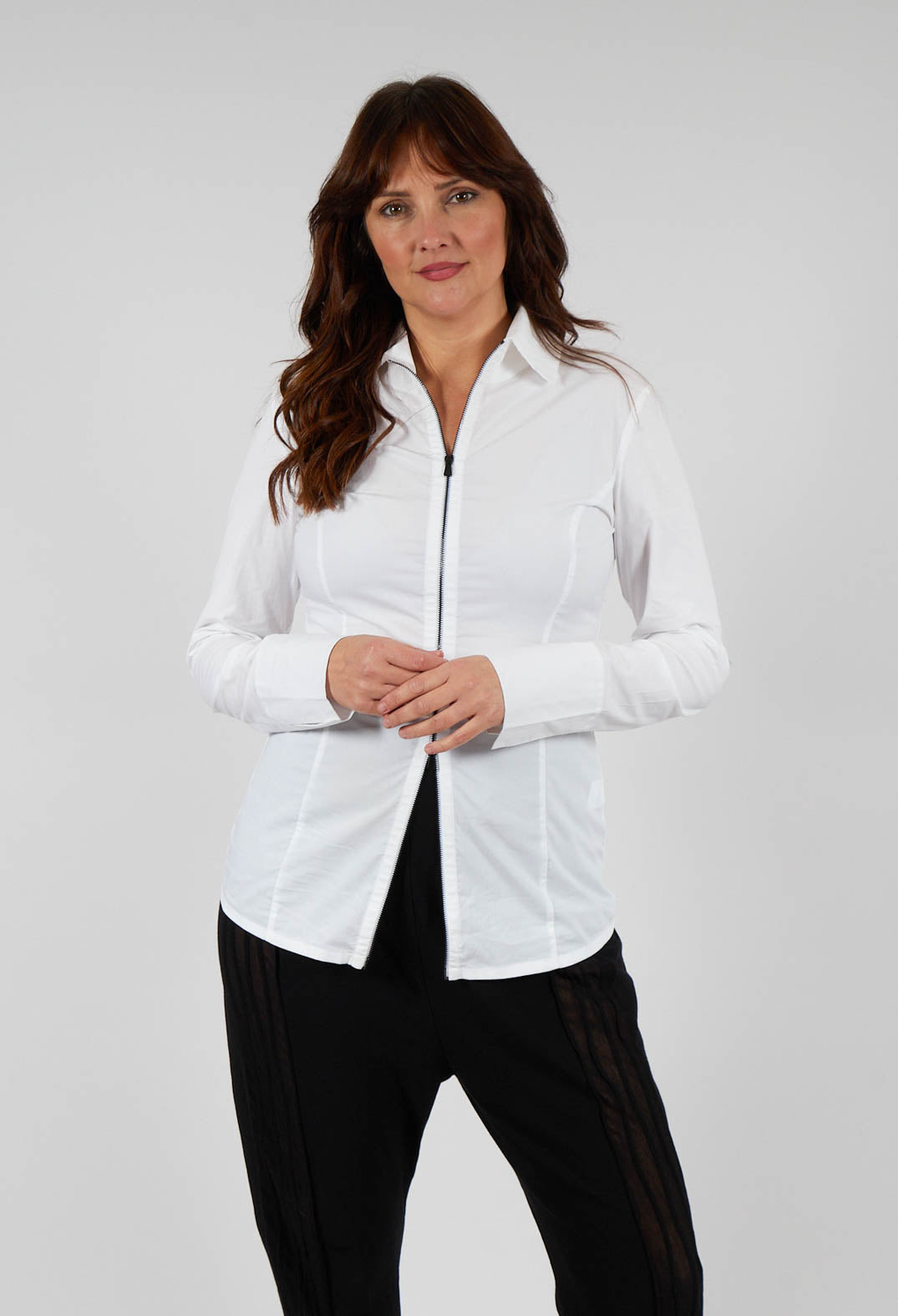 Long Sleeved Blouse with Zip Detail in White