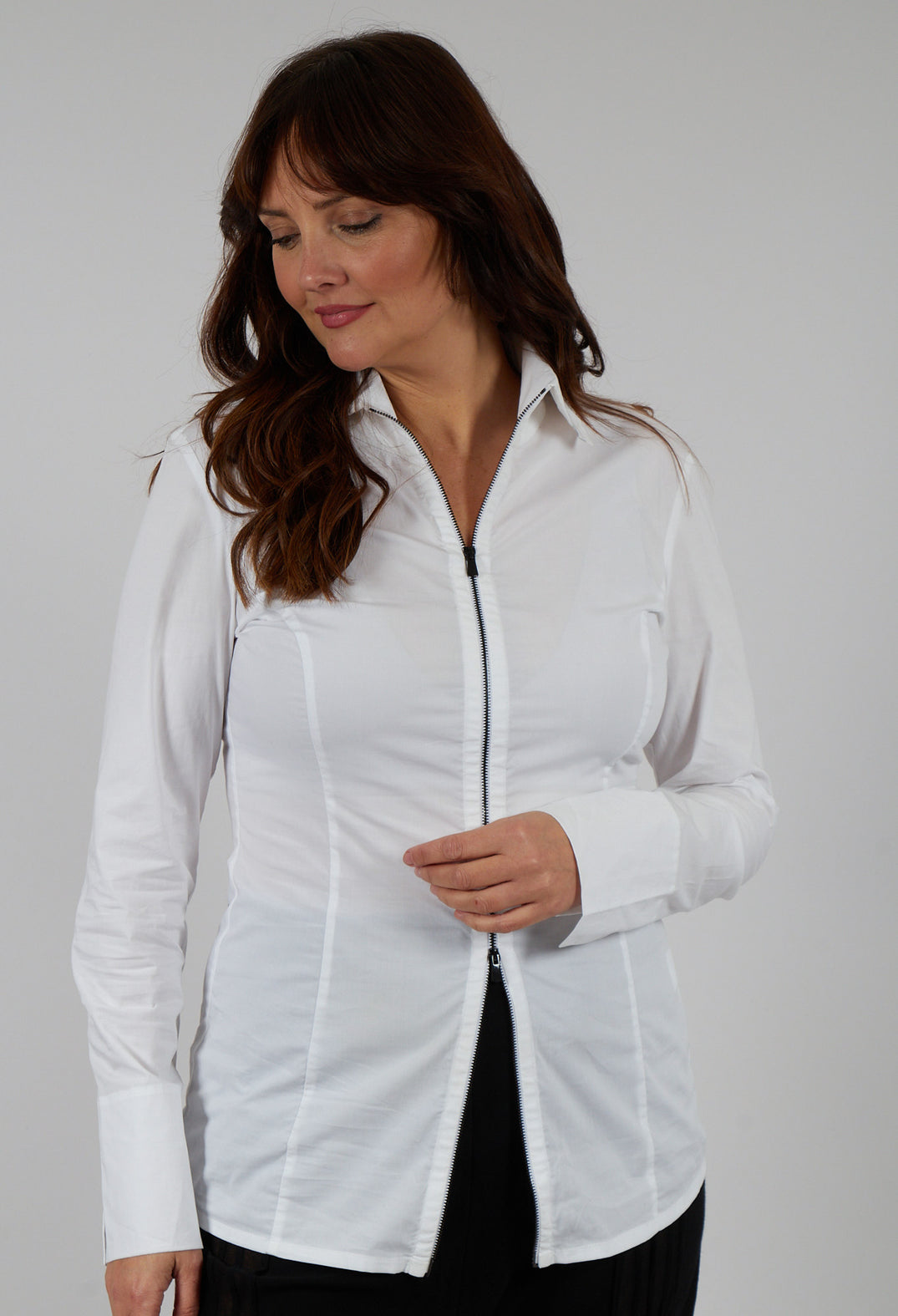 Long Sleeved Blouse with Zip Detail in White