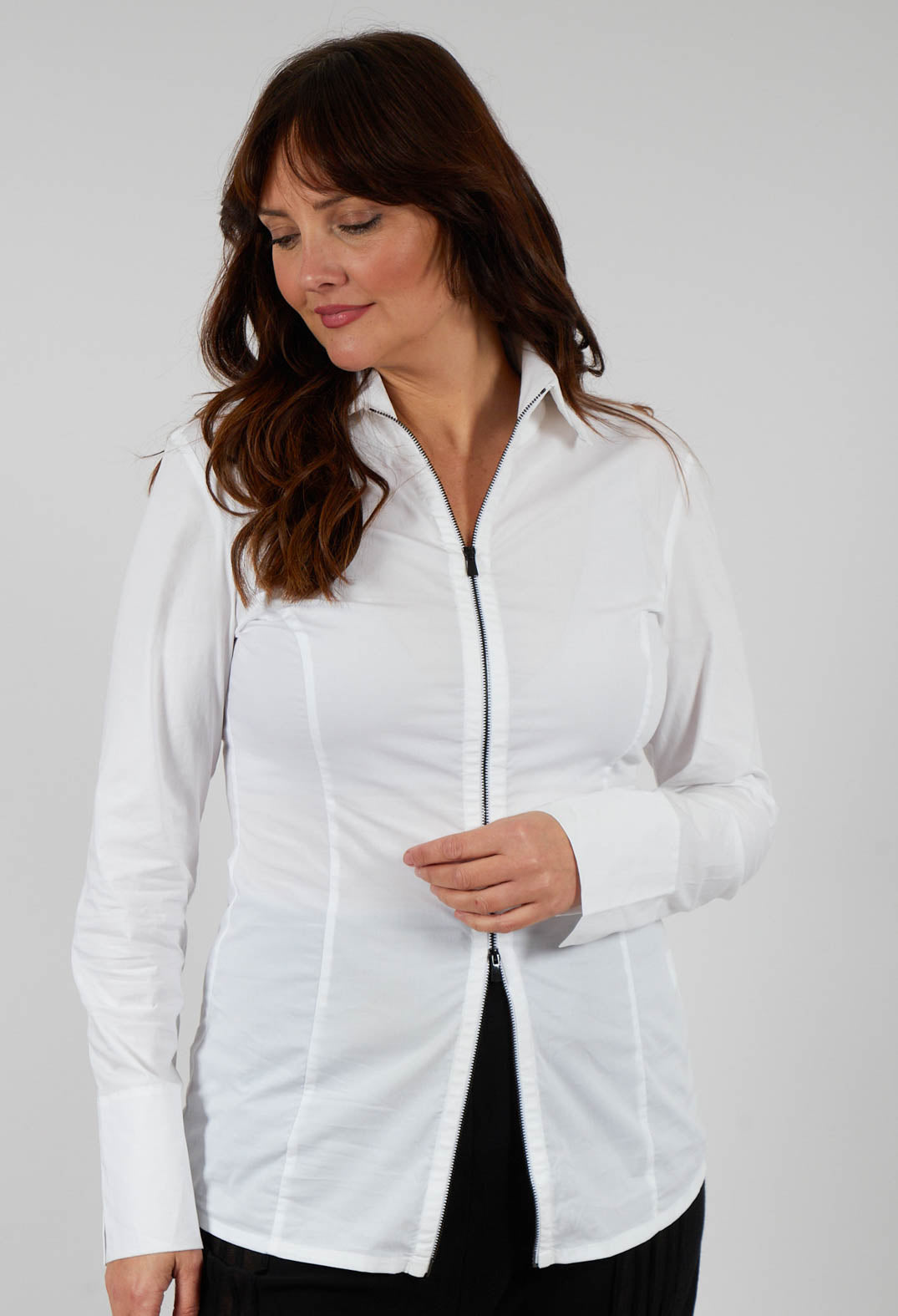 Long Sleeved Blouse with Zip Detail in White