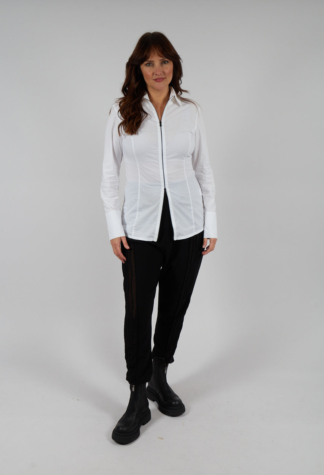 Long Sleeved Blouse with Zip Detail in White