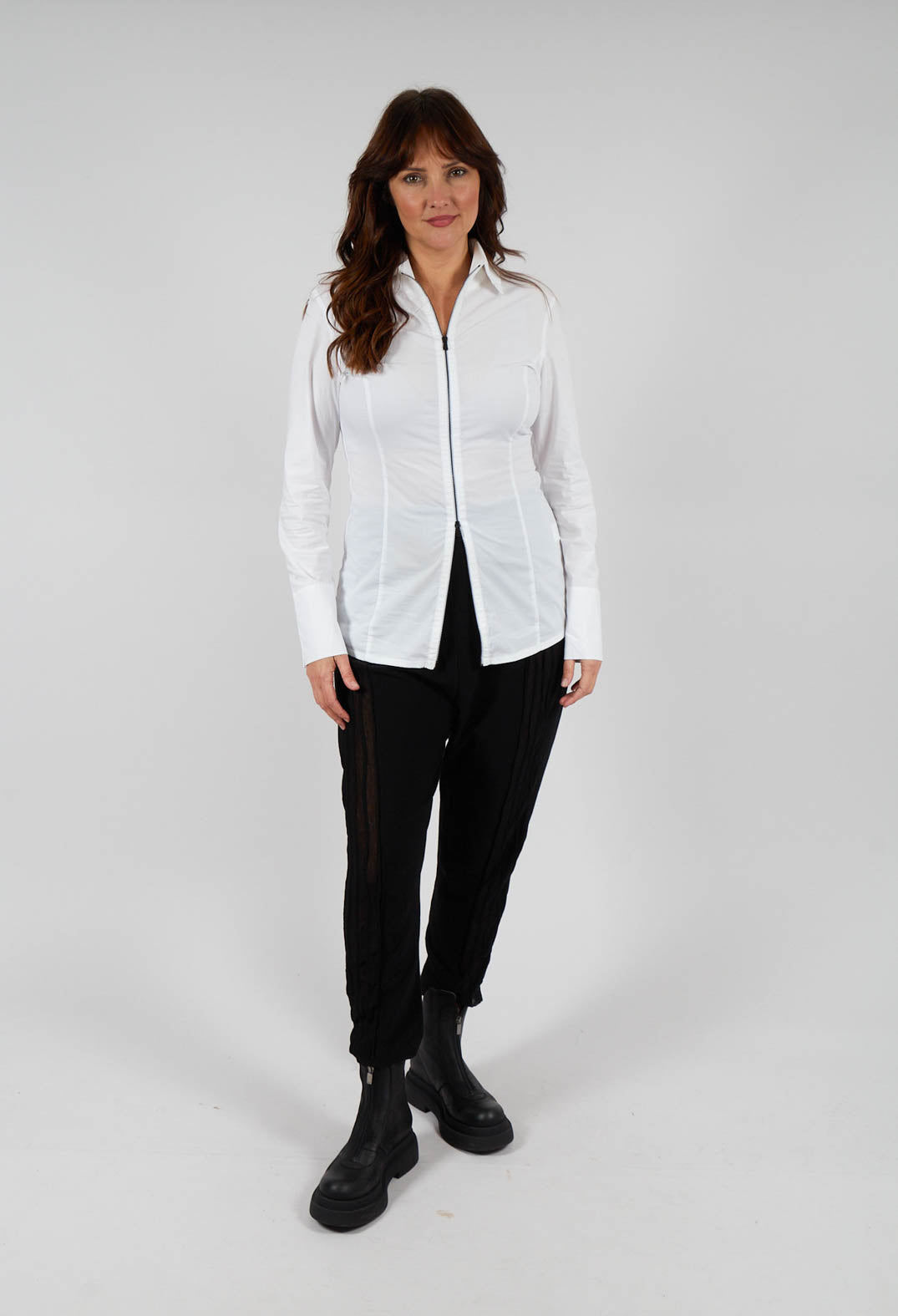 Long Sleeved Blouse with Zip Detail in White