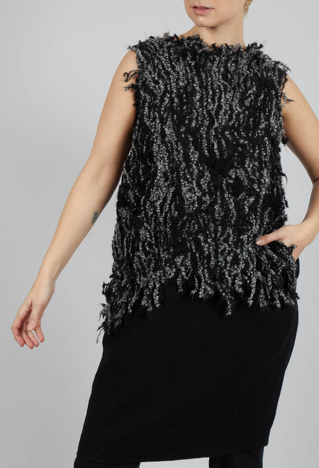 Sleeveless Dress with Wool Texture in Black Mix