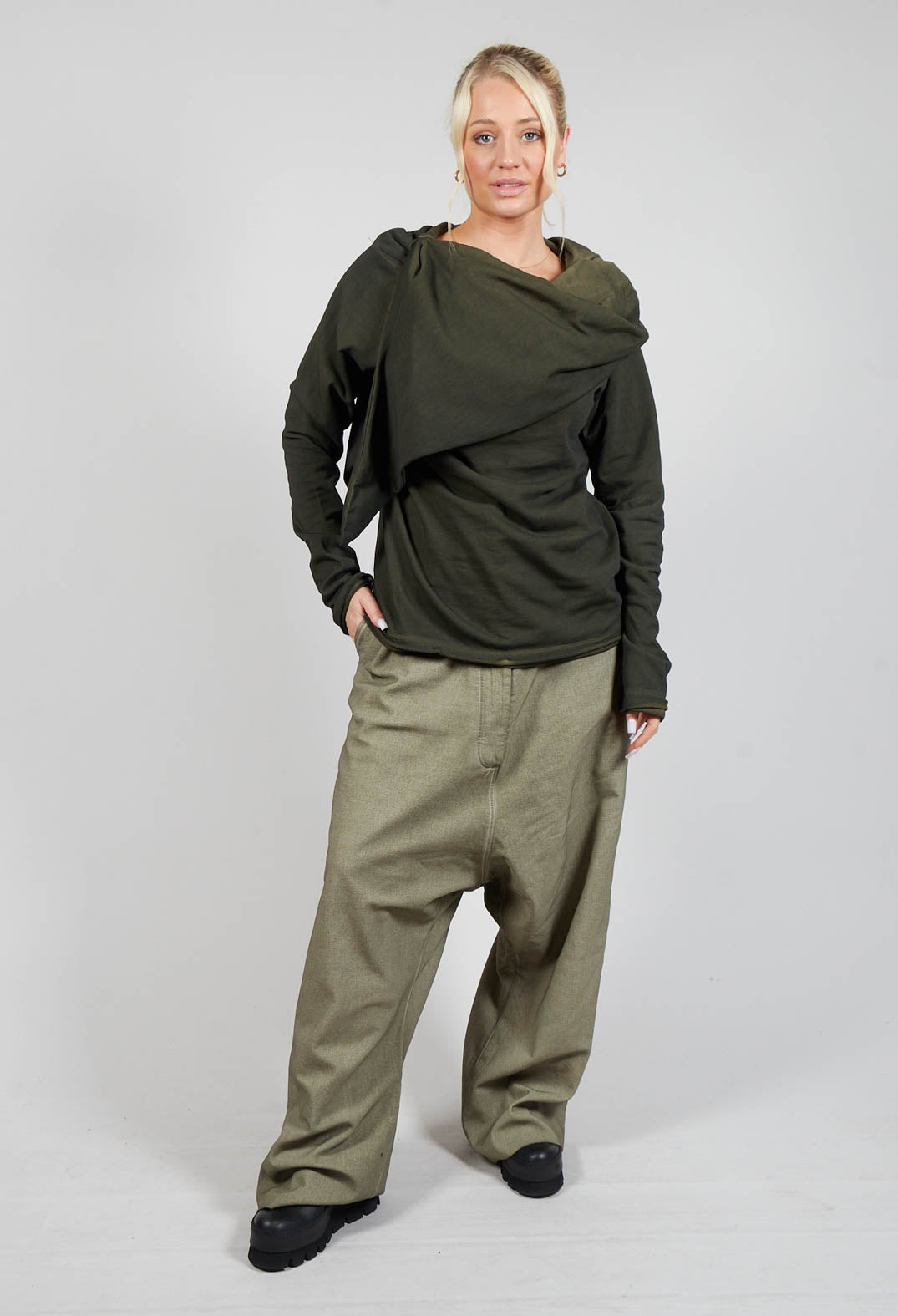 Raw Hemmed Tie Neck Pullover in Olive Cloud