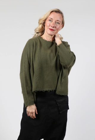 Raw Hemmed Wool Asymmetrical Cut Jumper in Olive