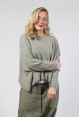 Raw Hemmed Wool Asymmetrical Cut Jumper in Schilf